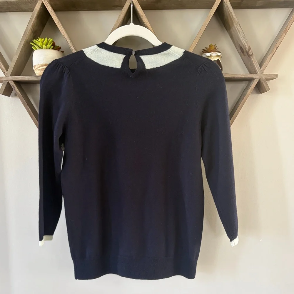 J. Crew 100% Merino Wool Navy Sweater with Faux White Collar. Size XS.